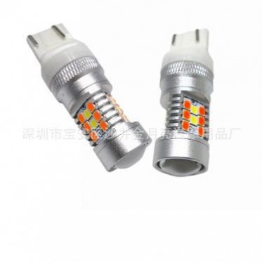 新款双色LED刹车灯汽车7443 2835 3030 28W高亮转向灯 白黄行车灯